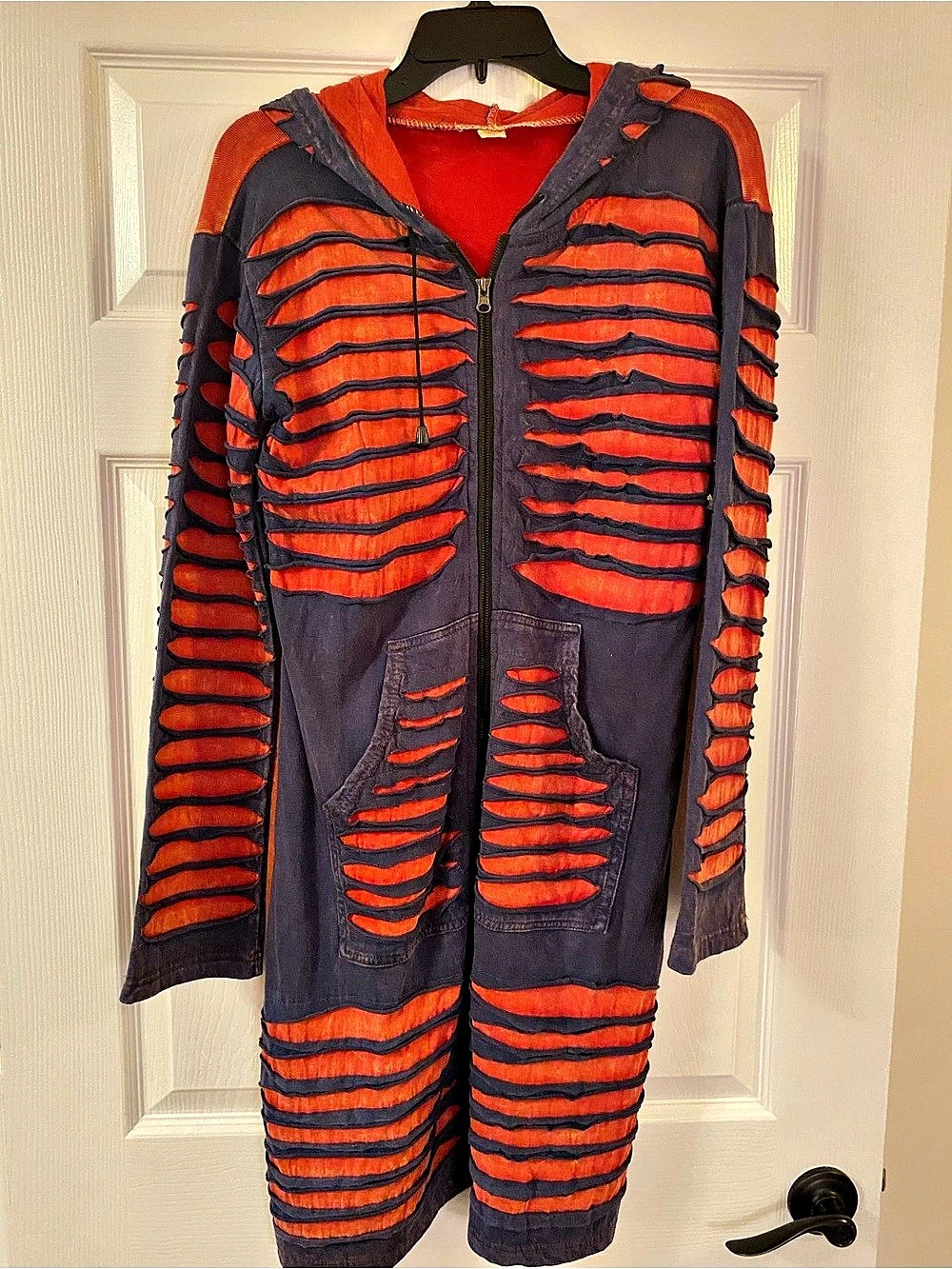 Distressed Hooded Long Jacket in Red & Blue Size Medium